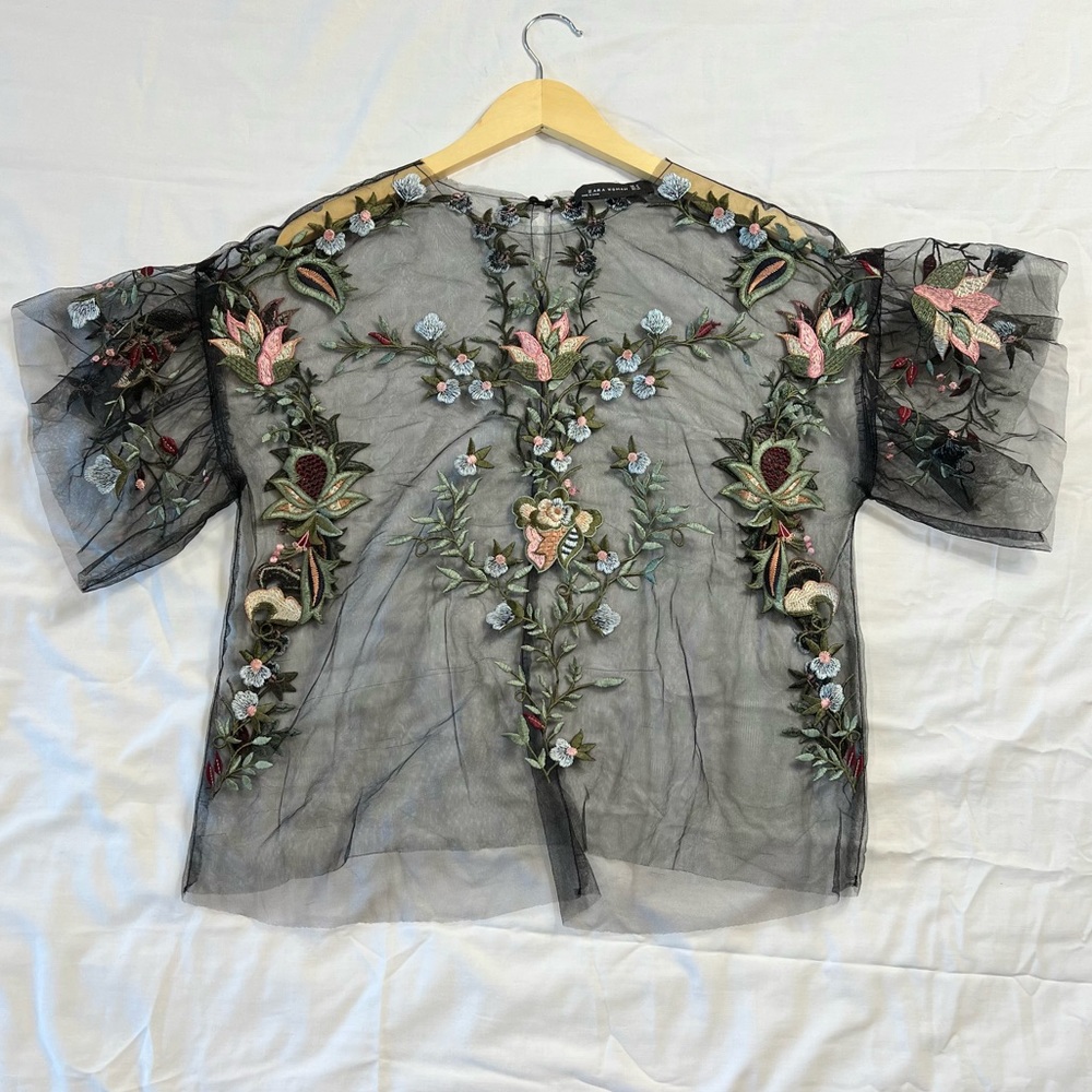 Zara Black Floral Embroidered Blouse